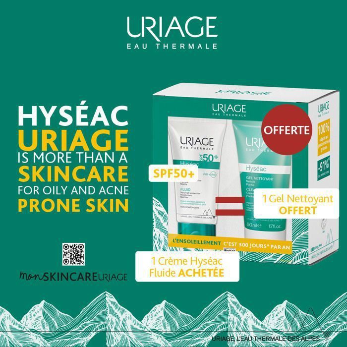 Fluide Solaire - URIAGE - Hyseac - SPF50+ - Peaux Mixtes à Grasses - Gel Nettoyant OFFERT