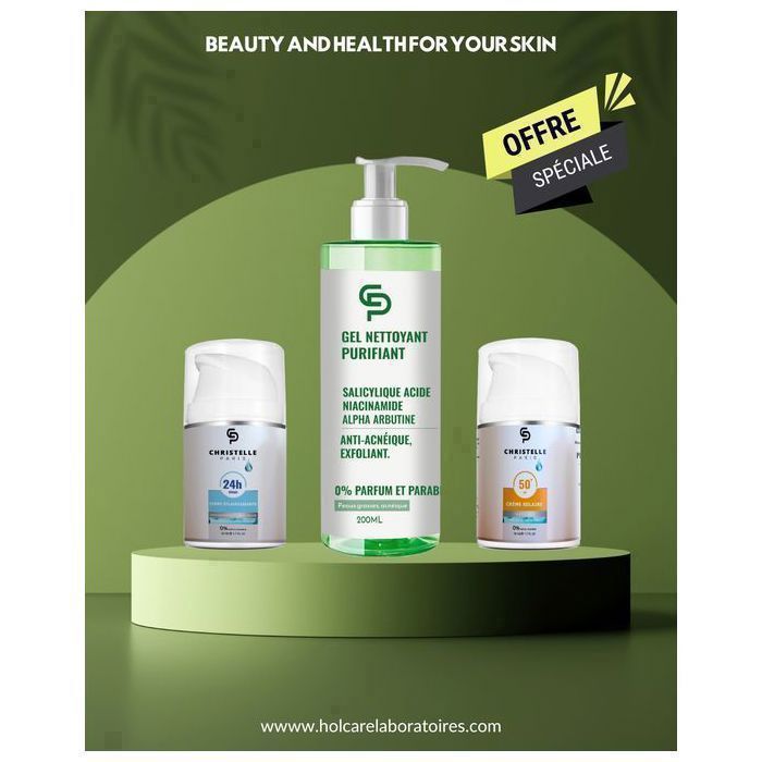 Pack Promo Visage - CHRISTELLE PARIS - Crème DÉPIGMENTANTE 50ml - Écran Solaire SPF50 - Gel Nettoyant 200ml