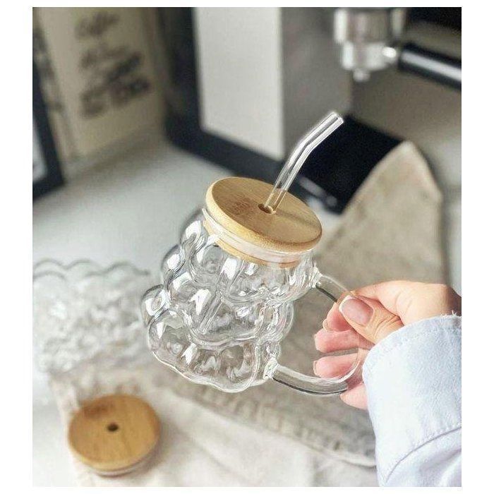 Mug - Verre - 350 Ml - Couvercle en bois - Paille en verre - Résistant aux chocs thermiques