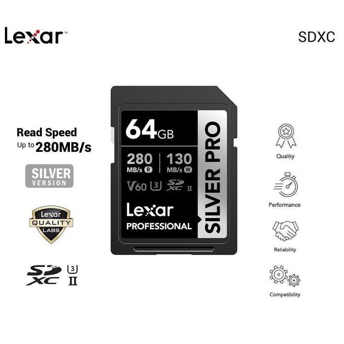 Lexar Carte memoire 64 GB professionnelle SDXC SILVER PRO UHS-II 280 Mo/s