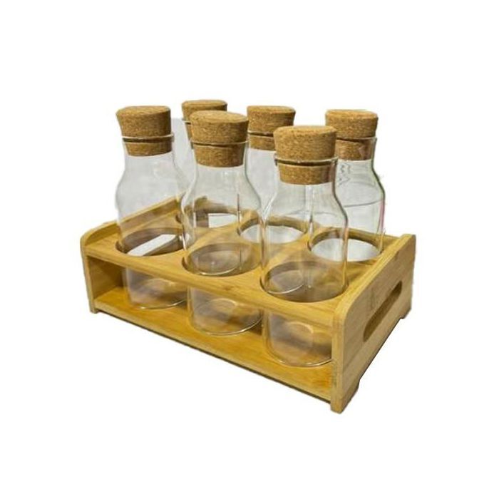 Ensemble de 6 bocaux en verre avec base en bois, Bouteilles hermétiques de cuisine