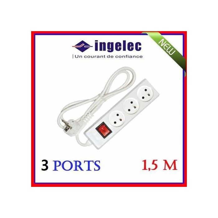 Rallonge électrique de 3 Prises & 1.5 Mètres long du câble, Multiprise (3 prises+T) avec interrupteur