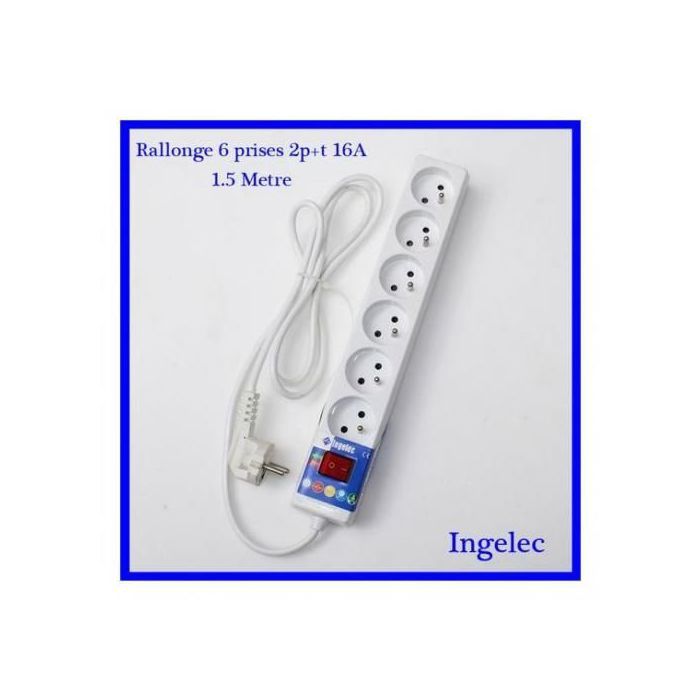 Rallonge, Multi-prises avec interrupteur, Longueur du câble 1.5 mètres - Bloc de 6 prises 2p+t 16 A