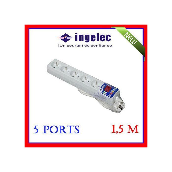 Multiprises et Rallonge avec Interrupteur, Bloc de  5 portes et câble de long de 1.5 Mètre