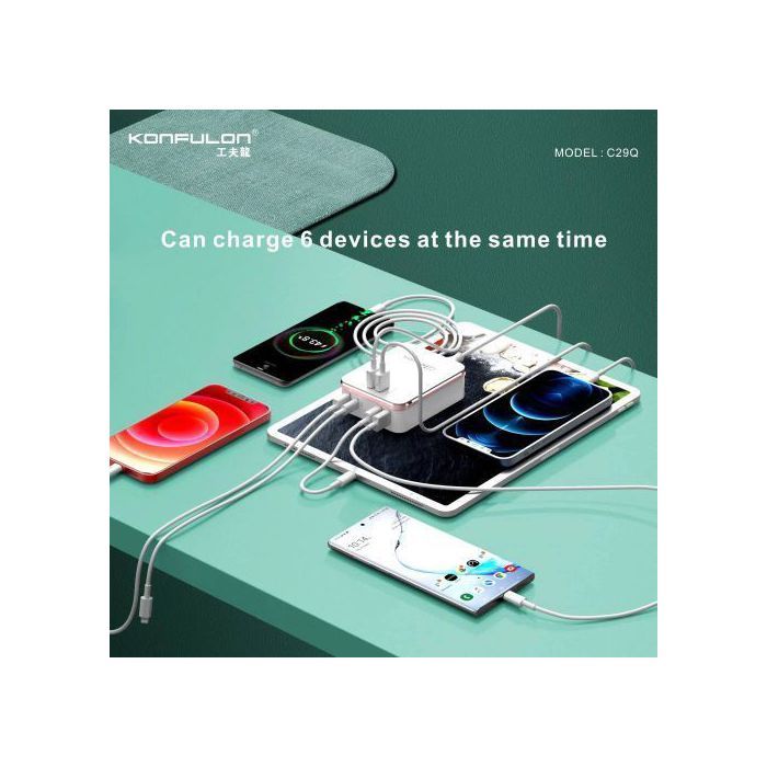 Konfulon 6USB sorties chargeur de téléphone portable 20W / 40.5W  C29Q charge rapide