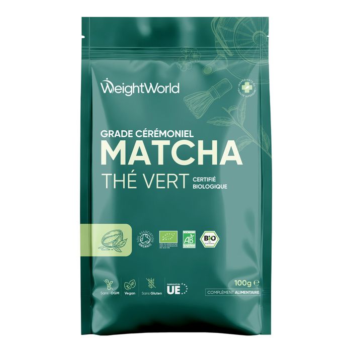 WeightWorld Thé Matcha japonais biologique 100g, poudre de Matcha végétalienne pure récoltée au Japon, qualité cérémoniale sans OGM