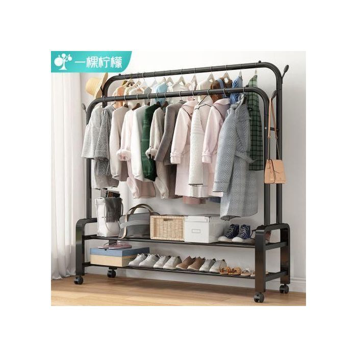 Porte-vêtements - Non spécifié - Double pôle - Métal résistant - 4 crochets - 2 étagères