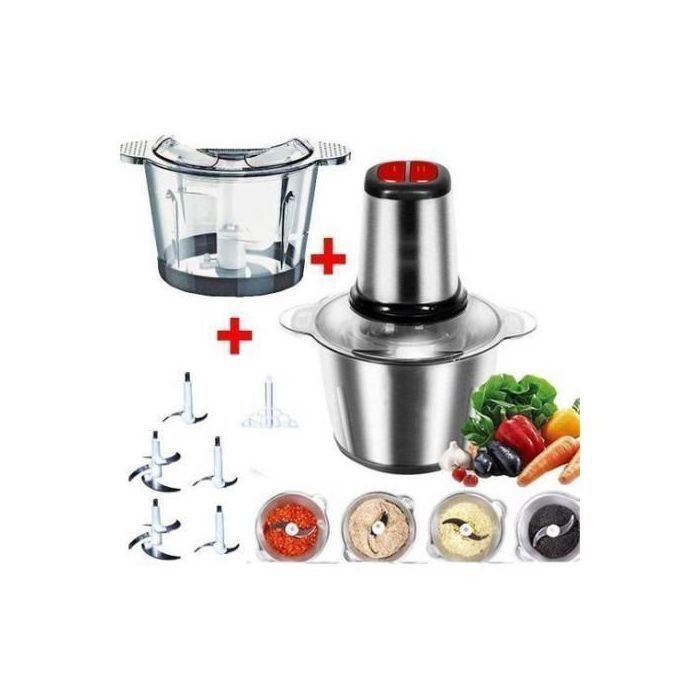 Cooking 2 Bols Hachoir Eminceurs Blenders Mixeur Broyeur Inox et Verre + Lames Haute Puissance