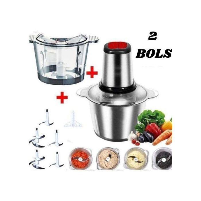 Cooking Hachoir électrique 2 bols Inox et Verre + 5 Lames et batteur et spatule multifonction