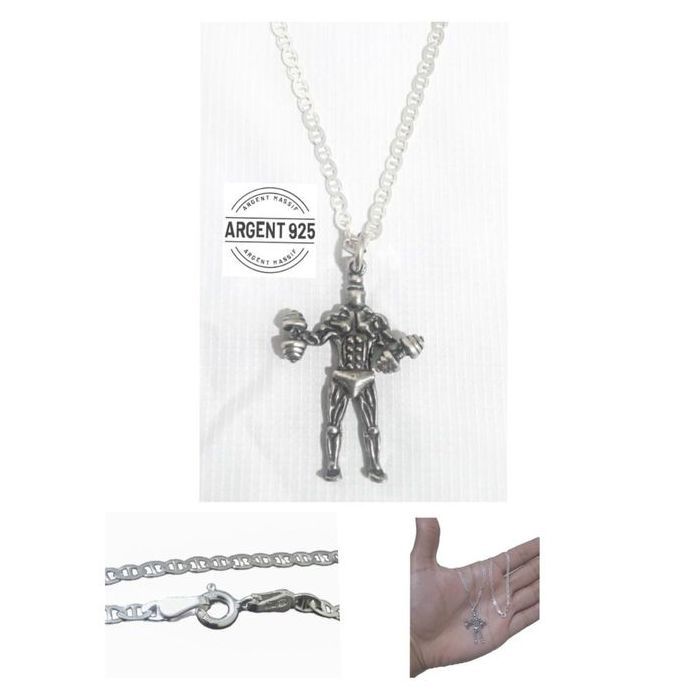 Collier en Argent Massif - Force et Fierté - Bodybuilder - 56cm - Pendentif Unique - 925/1000