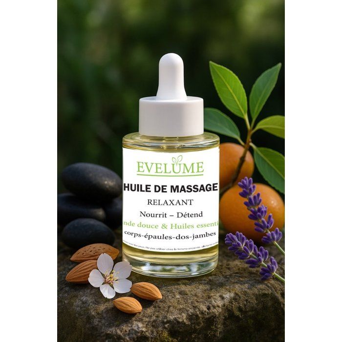 Huile de Massage Relaxante - EVELUME - 30 ml - Non gras - Huiles essentielles - Détente