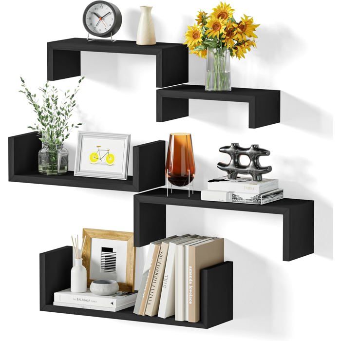 Étagère Murale - TWINS DECOR - Lot de 5 - Bois Noir - Capacité 40 kg - Installation Réversible