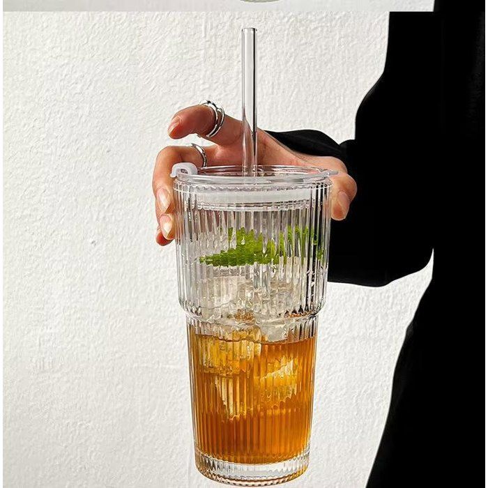 Gobelet en verre - Marque inconnue - 500 Ml - Avec couvercle - Avec paille - Rayures