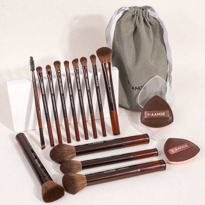 Set de pinceaux de maquillage - Maange - 13 pièces - Marron foncé - Comprend 2 éponges - Sac inclus