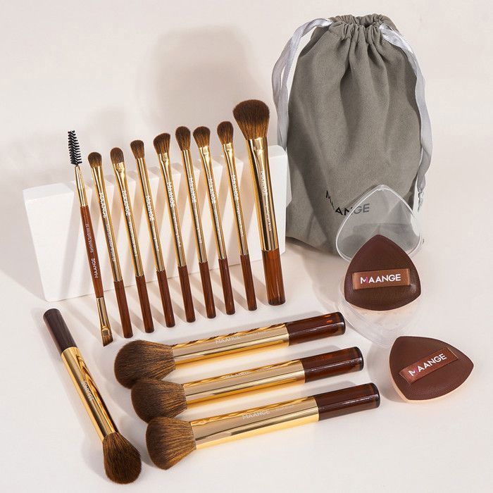 Lot de 13 pinceaux de maquillage avec 2 houppettes et un sac - Café doré