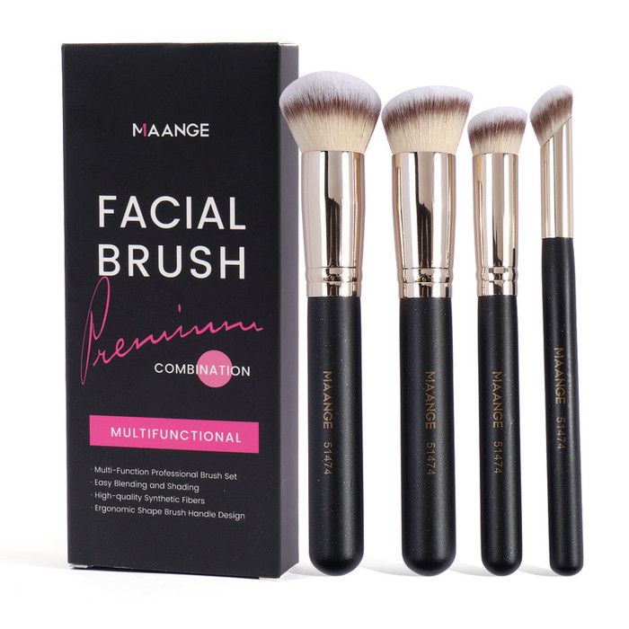 Pinceaux de maquillage - MAANGE - Set de 4 - Poignée en bois - Fibres synthétiques - Doux et portable