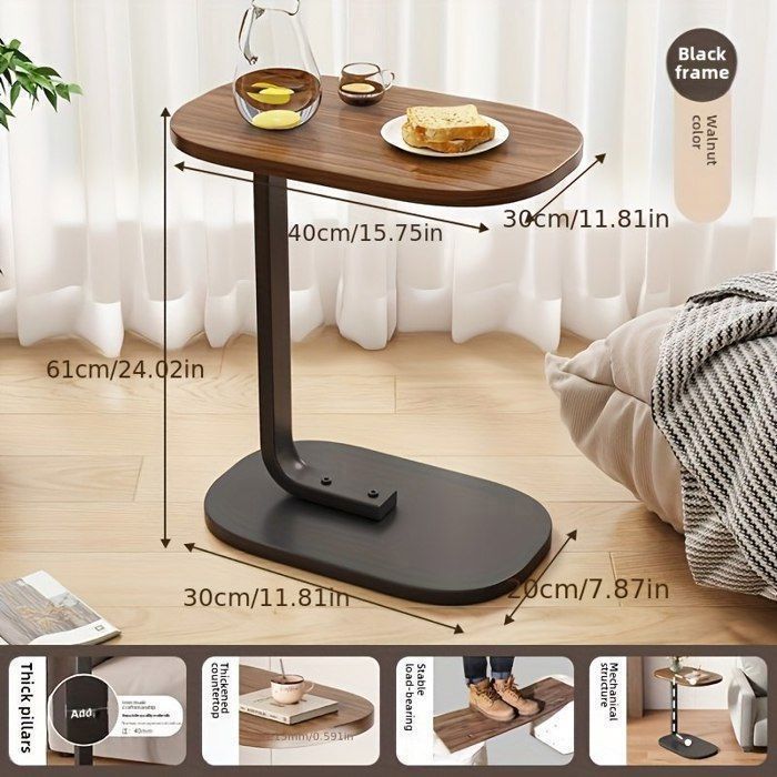 Table d'Appoint  Forme de C - Plateau Noyer - Cadre Noir - 40x30 cm