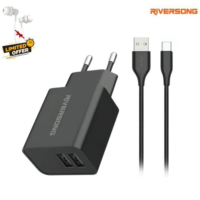 Chargeur Mural Riversong SafeKub D2 – 2 Ports  avec Câble Micro‑USB + + Ecouteur Gratuit