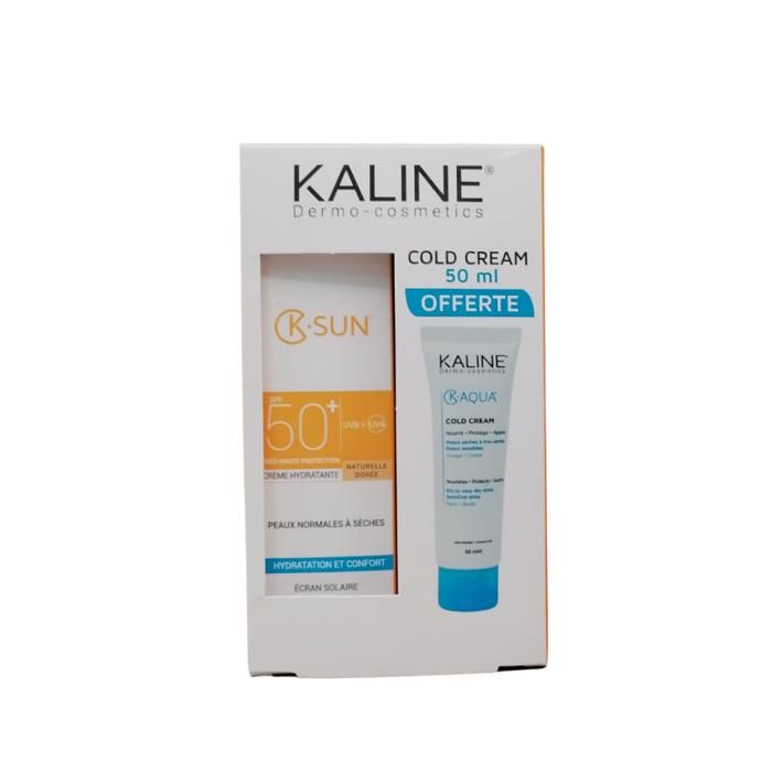 Crème Hydratante SPF 50+ - KALINE SOLAIRE - K.sun - Peaux Normales à Sèches - Teinte Dorée - Coffret K.aqua