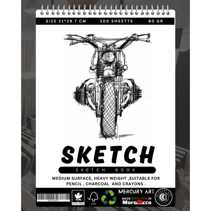 SKETCH BOOK- CAHIER DESSIN -A4 -80 GR -200 PAGES - SPIRALE HORIZONTAL  /MOTORCYCLE
