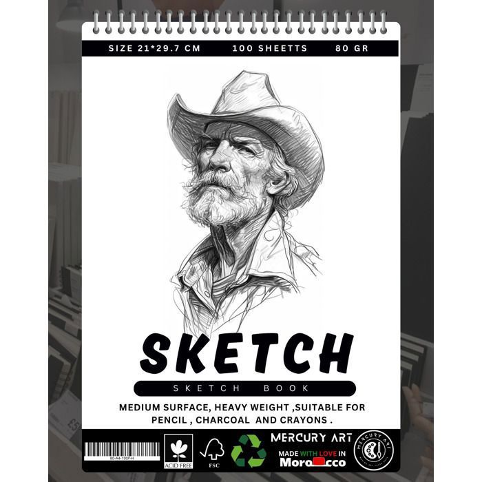 SKETCH BOOK- CAHIER DESSIN -A4 -80 GR -200 PAGES - SPIRALE HORIZENTAL / COWBOY