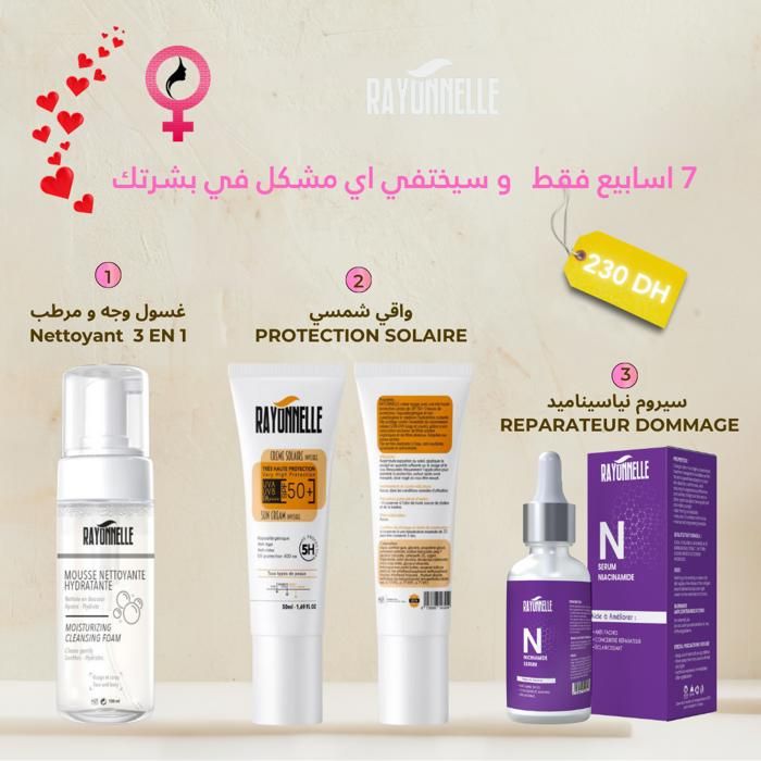 PACK = Mousse nettoyante hydratante 150ml + Crème écran solaire invisible spf50+ 50ml + SERUM NIACINAMIDE 30 ML