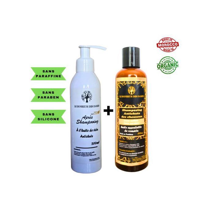 Pack Anti Chute ,sans Sulfate, sans Paraben (Shampoing au Romarin + Démêleur au Ricin)