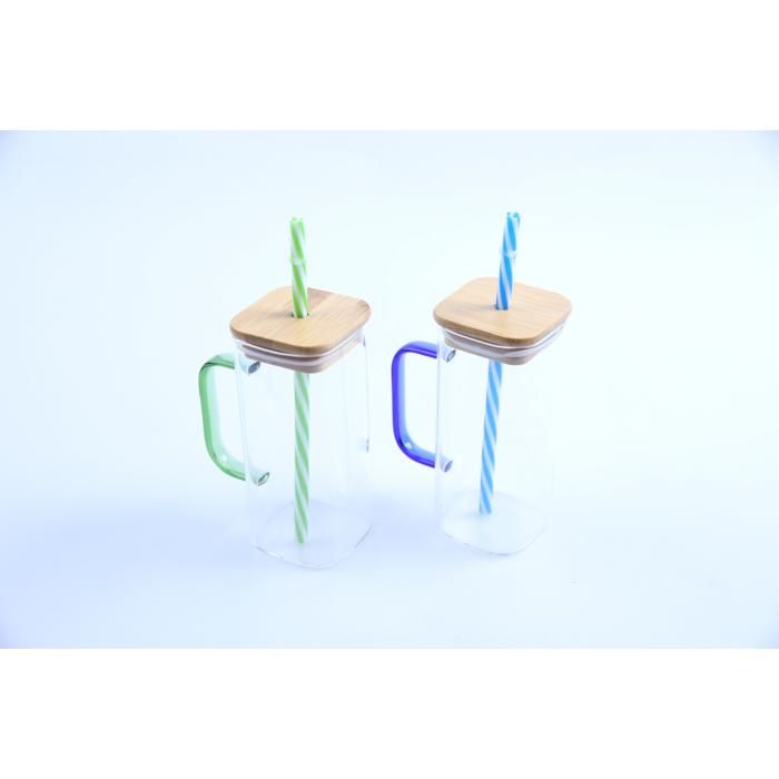 Mugs carrés en verre - GENERIC - HB3521 - 350 ml - avec couvercle - avec paille