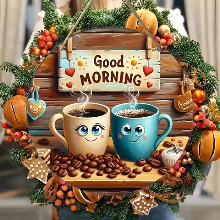 1 panneau rond en bois classique avec un thème de tasse à café mignon, "Bonne matinée" et design de cœur, bois manufacturé, texte an