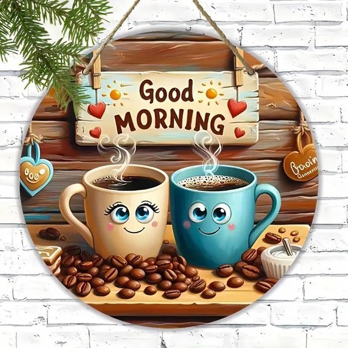 Un joli panneau en bois pour accueillir la matinée, mesurant 19,99 cm en forme ronde, orné de charmantes tasses à café jaunes et ble