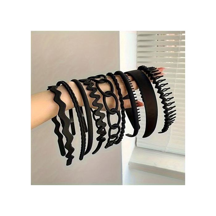 9pcs/set Bandeaux à cheveux mats élastiques, cerceau à cheveux noir populaire, sport invisible.