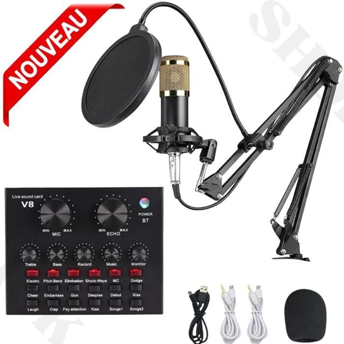 Microphone à condensateur sans fil, carte son V8, PC, ordinateur, téléphone BM800 V8