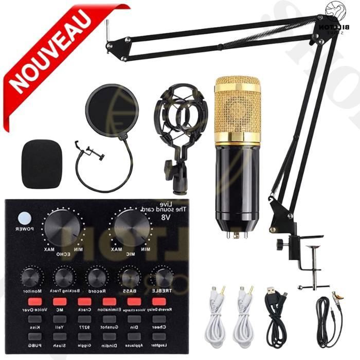 Microphone à condensateur sans fil, carte son V8, PC, ordinateur, téléphone Ensemble complet d'enregistrement BM800 V8