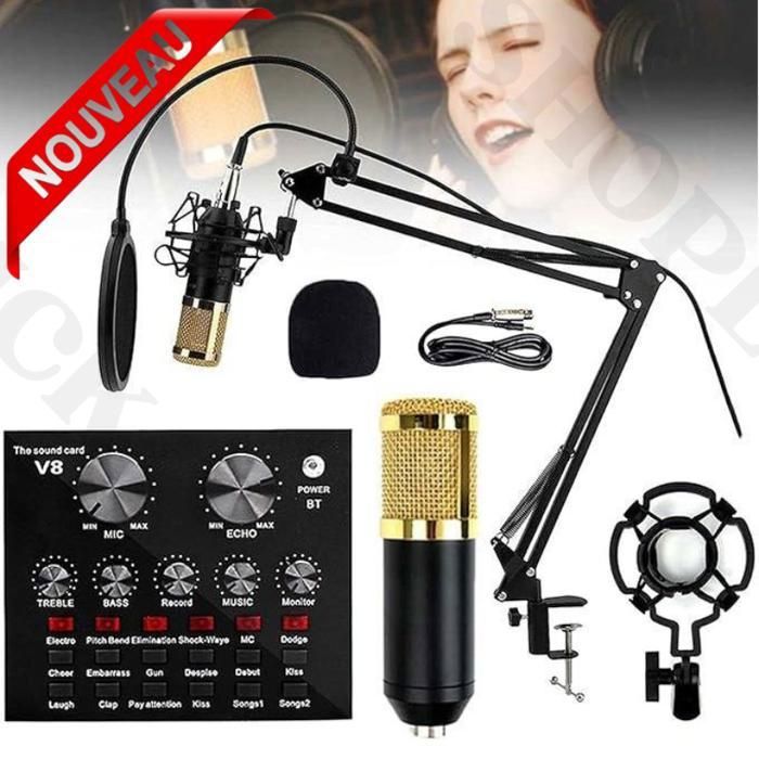 Ensemble complet d'enregistrement BM800 V8 Microphone à condensateur sans fil, carte son V8, PC, ordinateur, téléphone