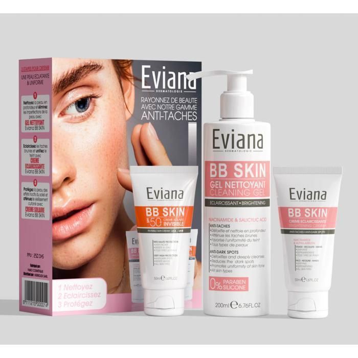 EVIANA anti-taches brunes EVIANA Pack - écran solaire 50ml SPF 50 + -crème hydratante 50ml- gel nettoyant 200ml