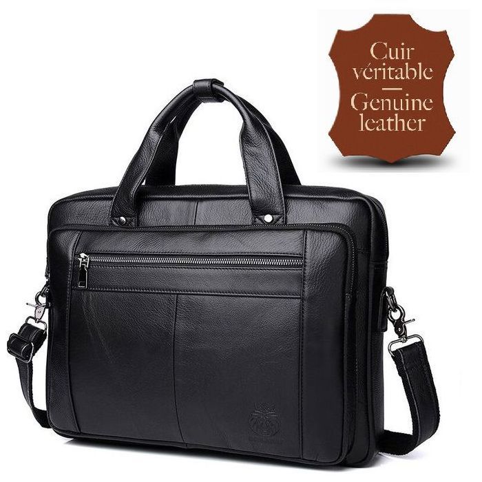 Sac en cuir pour ordinateur portable - Cuir de veau véritable - 15,6 pouces - Noir - Mixte