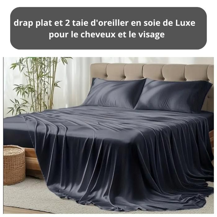 Draps de lit - GENERIC - Luxe en soie - 1 drap plat 150x250 cm - 2 taies 50x70 cm - Gris foncé