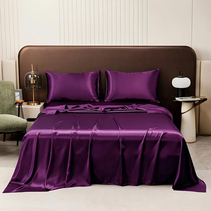Draps de lit - GENERIC - Ensemble en soie - 1 drap plat 150x250 cm - 2 taies 50x70 cm - Violet