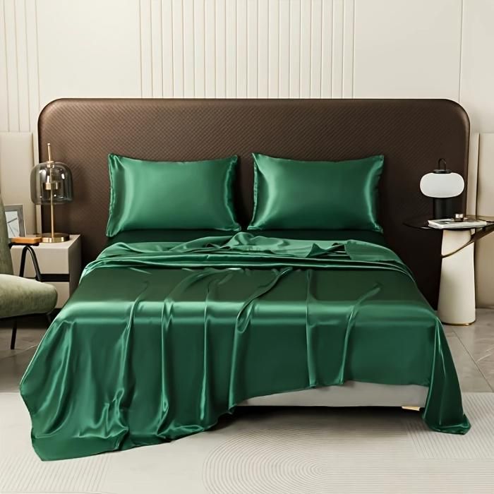 Draps de lit - GENERIC - Luxe en soie - 150x250 cm - 2 taies 50x70 cm - Vert uni