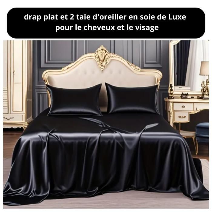Draps de lit - GENERIC - Ensemble en soie - 1 drap plat 150x250 cm - 2 taies 50x70 cm - Noir