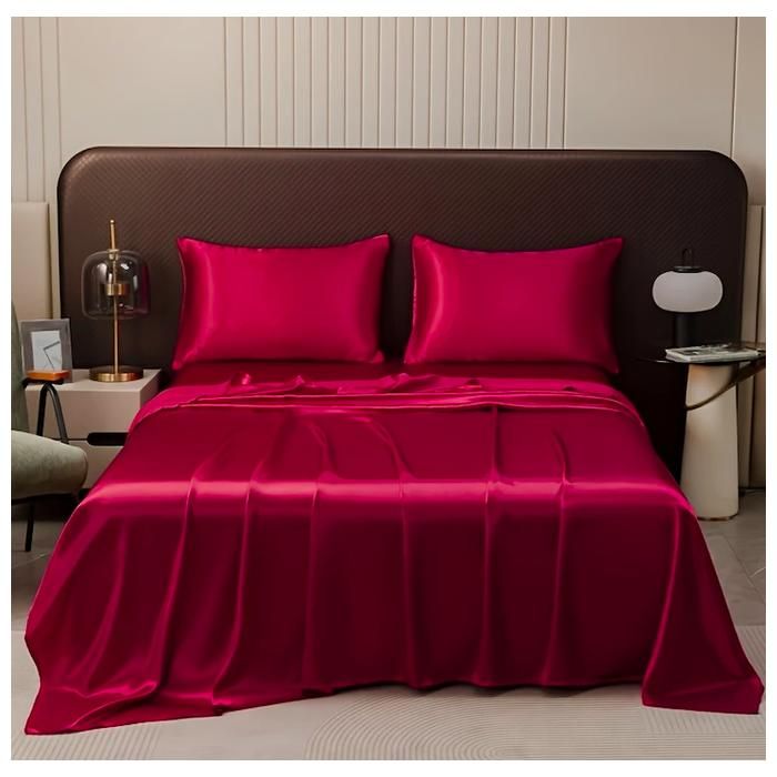 Draps de lit - GENERIC - Luxe en soie - 1 drap plat 150x250 cm - 2 taies 50x70 cm - Rouge foncé