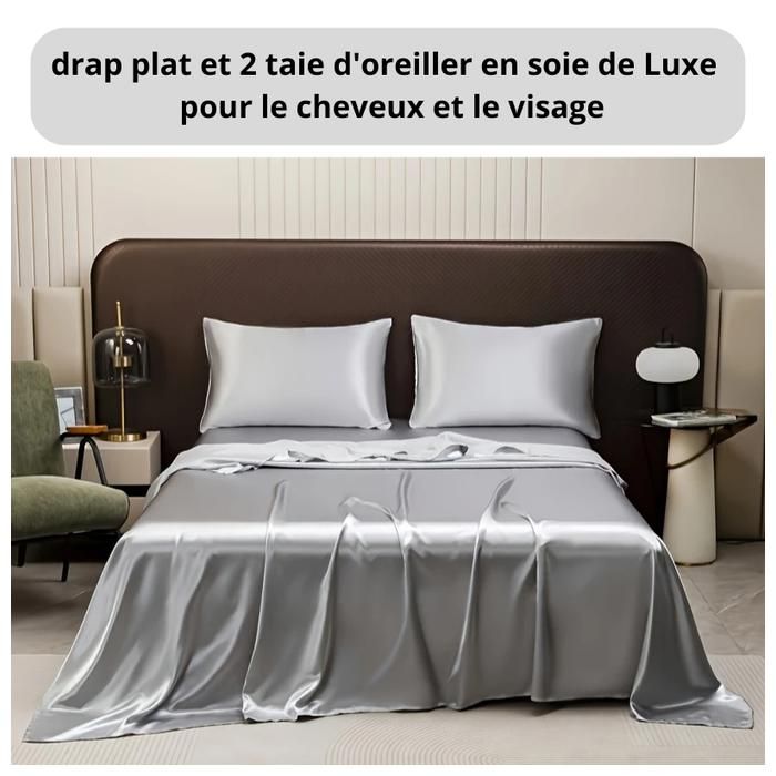 Drap plat et taies d'oreiller - GENERIC - Soie - Gris clair - 150x250 cm - Résistant au rétrécissement