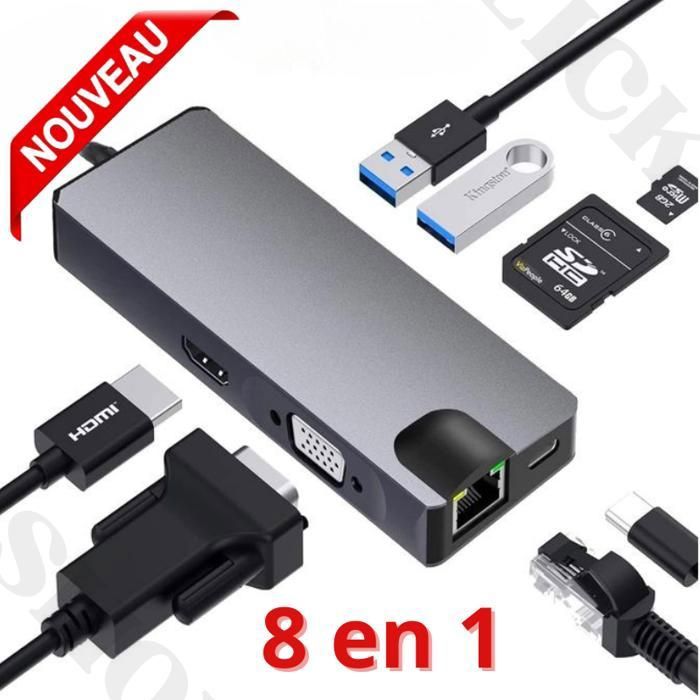 Hub USB Type C 8 en 1 pour RJ45 Gigabit Ethernet PD Charging+HDMI+VGA+ 2*USB 3.0+SD/TF Multi-Fonction