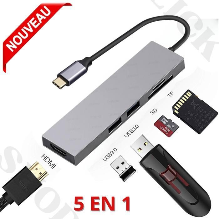 Adaptateur multiport Type- C vers HDMI avec ports USB 3.0 et lecteur de cartes SD et TF T en 1