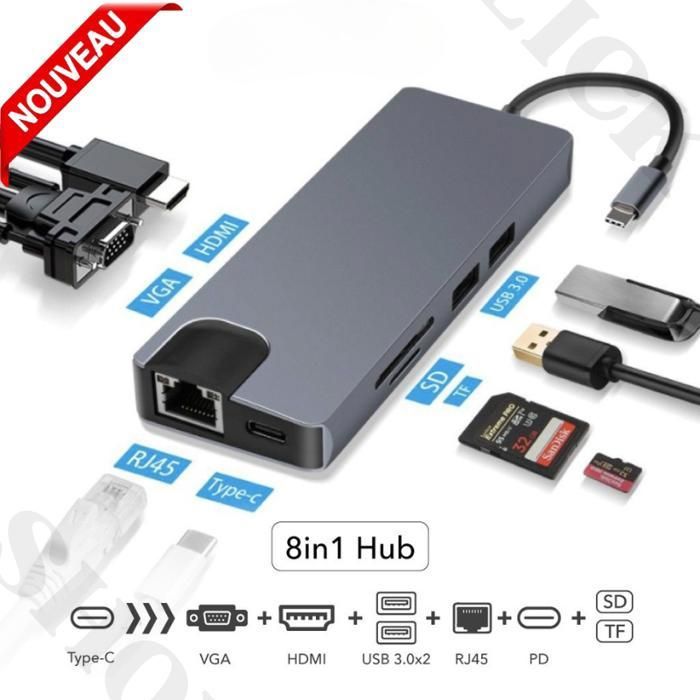 Adaptateur Type-C HDMI VGA RJ45, Type C HDMI 4k , USB 3.0, Lecteur Carte 8 en 1