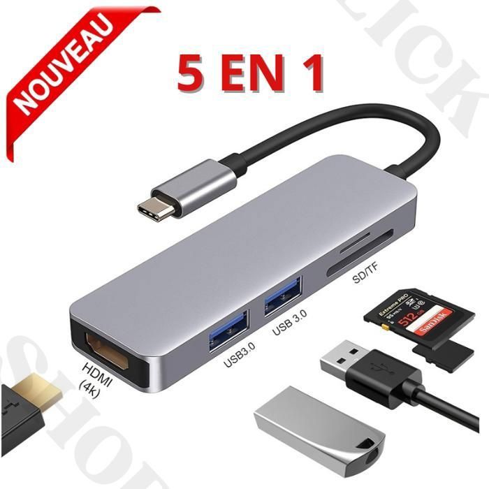 Adaptateur multiport USB C vers HDMI 5 en 1avec ports USB 3.0 et lecteur de cartes SD et TF