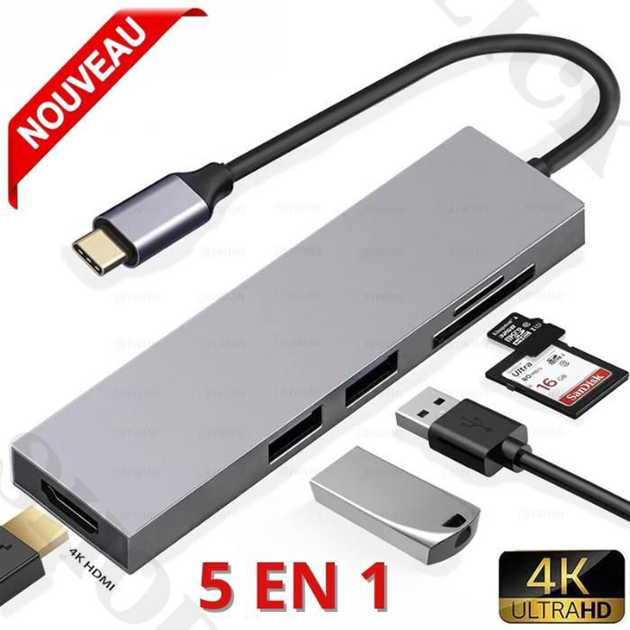 Adaptateur multiport  5 en 1USB C vers HDMI avec ports USB 3.0 et lecteur de cartes SD et TF