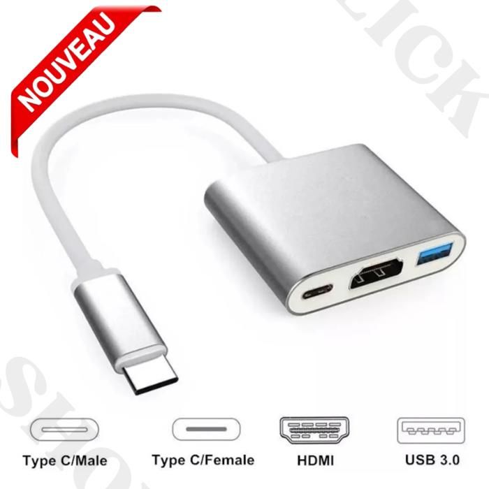Adaptateur Multiport  Type C vers HDMI 4K, Convertisseur avec Port USB 3.0 et Port de Charge PD Type C