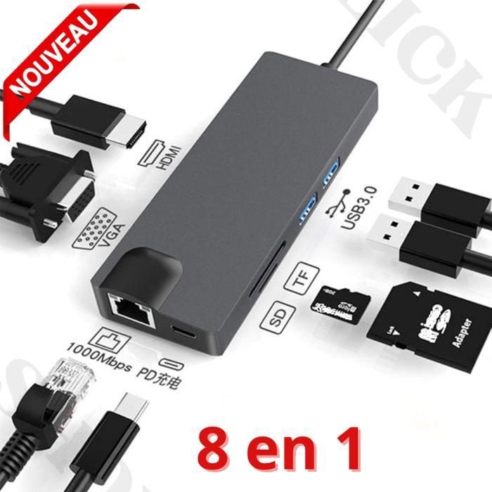 Adaptateur Type C to HDMI VGA RJ45, Type C HDMI 4k , USB 3.0, Lecteur Carte 8 en 1