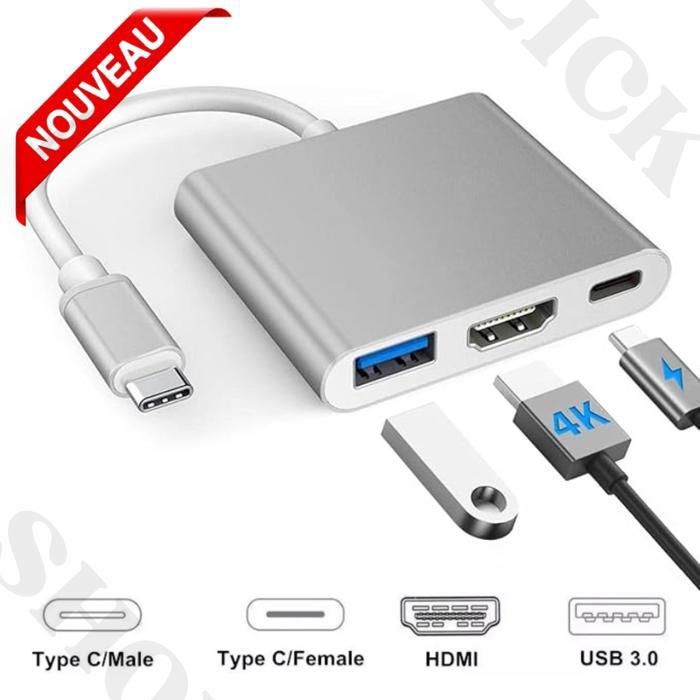 Adaptateur Multi Port Type C vers HDMI + USB + C 3 en 1 pour Mac Windows